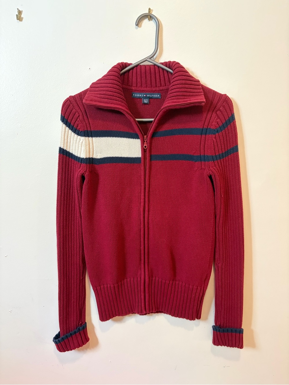 Tommy Hilfiger Women's Red Zip-Up Turtleneck Sweater with Navy & Cream Stripes